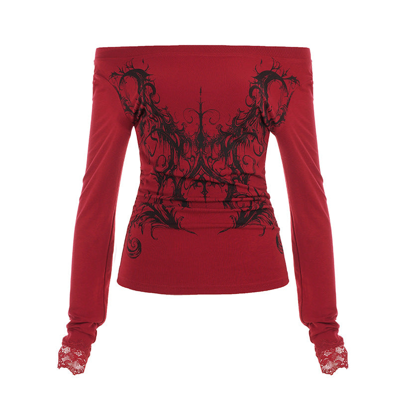 Retro Millennial Sexet Off-Shoulder Street Punk Cold-Shoulder Langærmet T-shirt