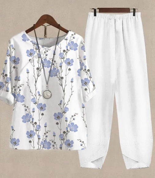 Womens Casual Crew-Neck Cropped-Sleeve Top Set