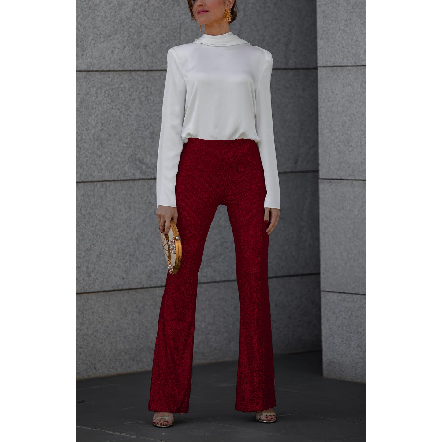 European And American Sequins Elastic Waist Slim Elastic Bell-bottom Pants