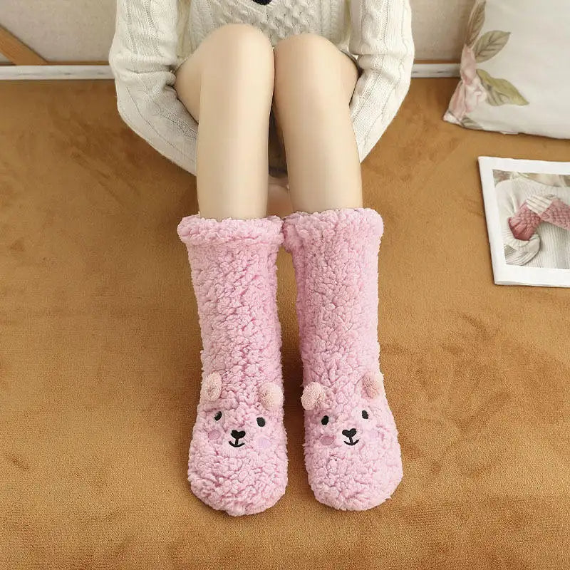 Cute Cartoon Bear Fuzzy Socks For Women, Comfortable Winter Soft Warm Slipper Socks, Casual Sleep Socks For Indoor Women's Fuzzy Socks Winter Warm Fluffy Soft Slipper Home Sleeping Cute Animal Socks