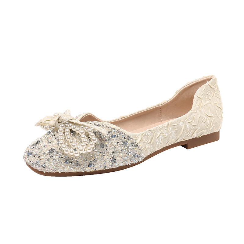 New Square Toe Flats Classic Style Rhinestone Pearl Shoes