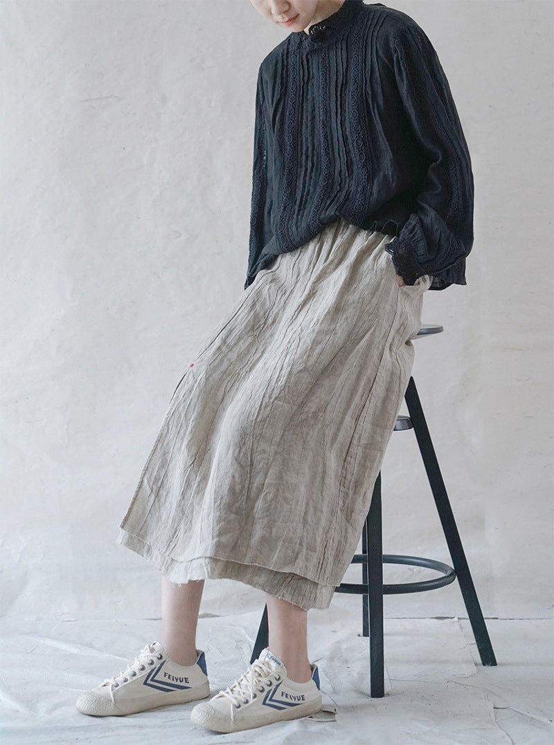 Original Design Dirty Dyed Linen Temperament Retro All-matching Slim Frayed Skirt