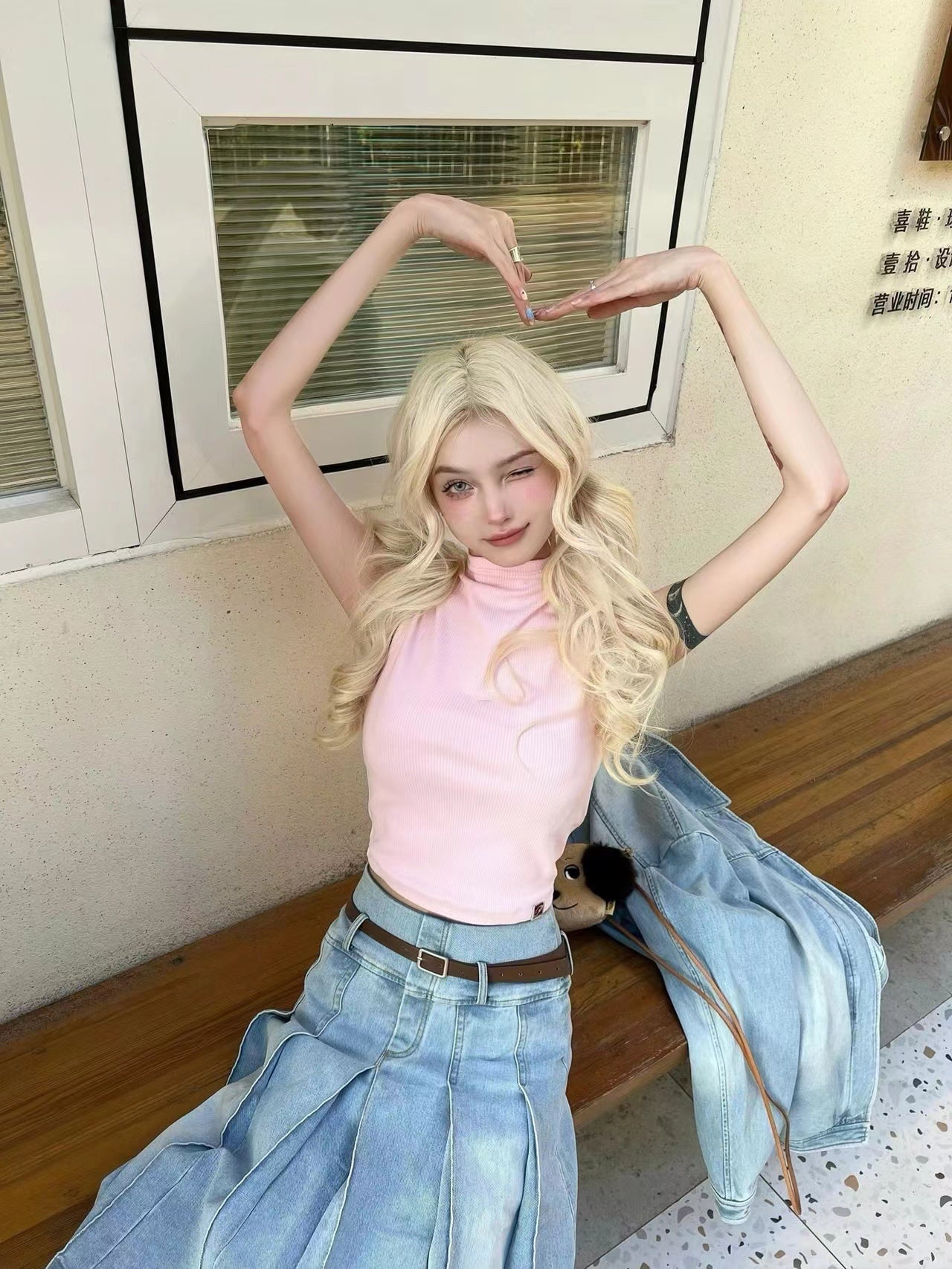 Retro Washed Light Blue Denim Pleated Skirt