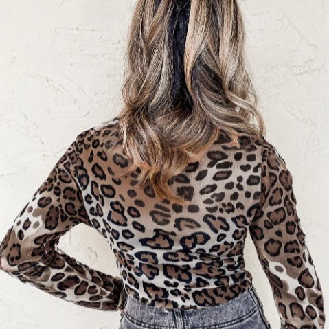 Brown Leopard Print Faux Collar Mesh Long Sleeve Top