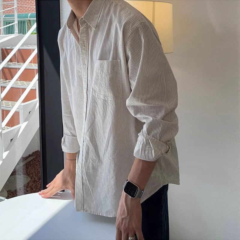 Mens Casual Loose-fitting Long-sleeve Striped Shirt