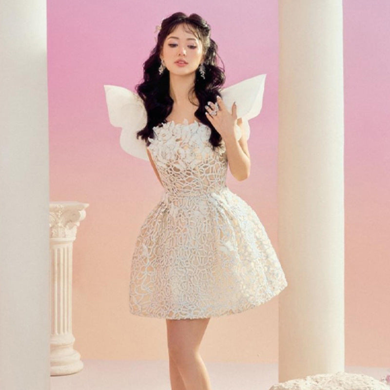 Lace Open Back Fly Sleeved Waistband Puffy Skirt