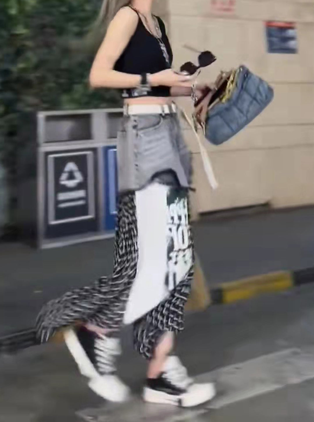 Women's High Waist Washed Denim Splicing Fashion Print Casual Skirt