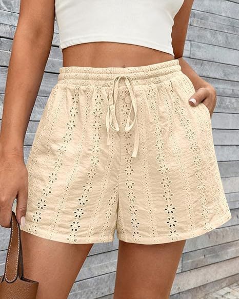 Solid Color Elastic Waist Drawstring Beach Shorts For Women