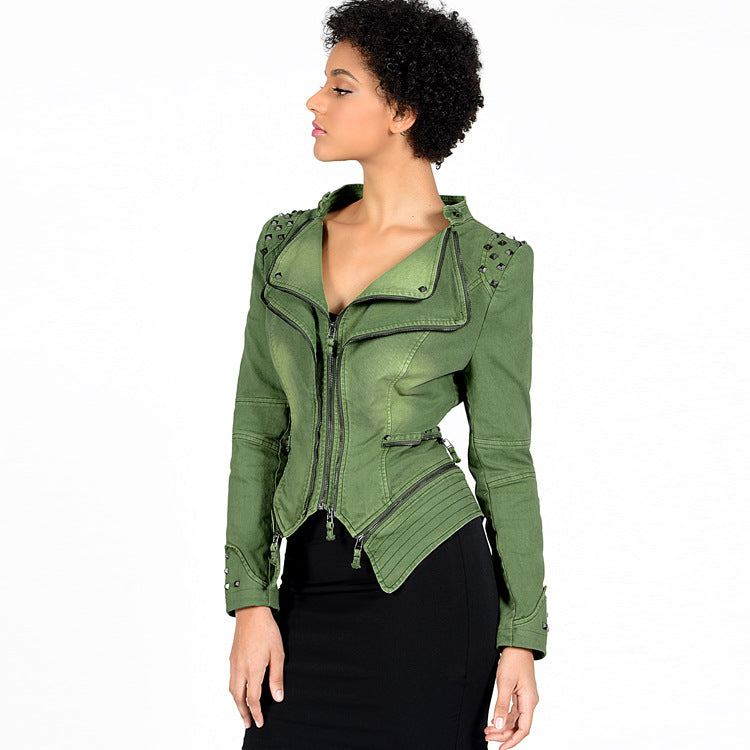 Women's Rivet Slim Washed Leather Motorcycle Jacket