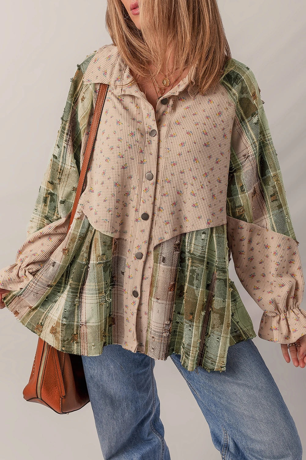 Women's Distressed Detail Ruffle Sleeve Plaid Shirt