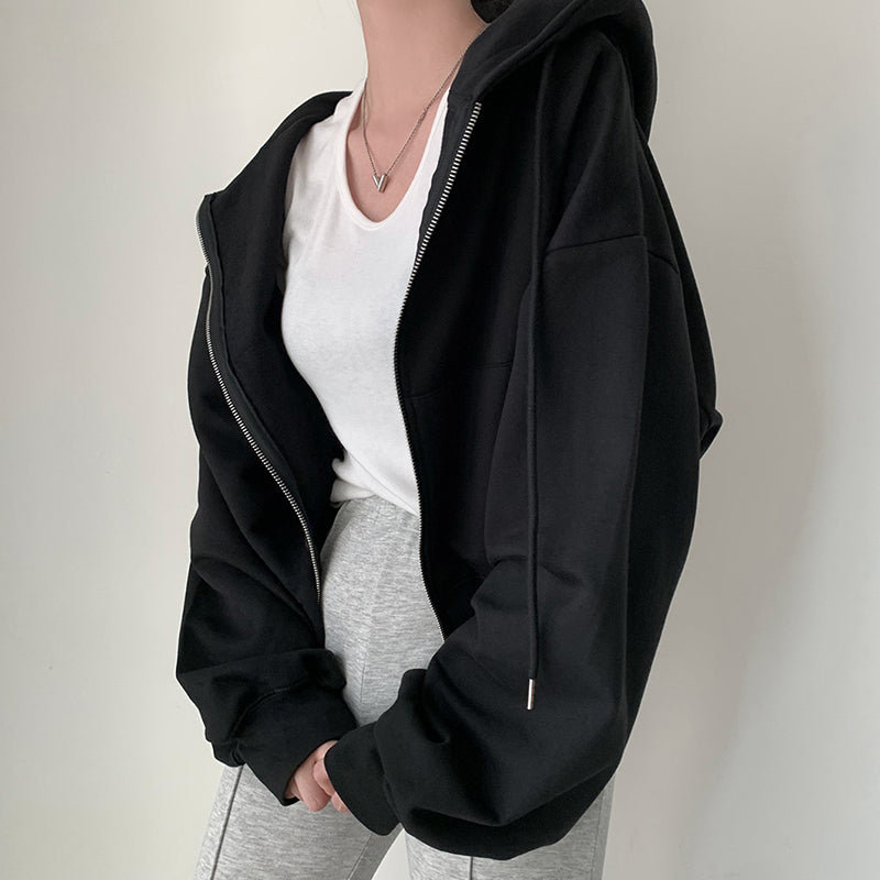 Hooded Double Open Loose Zip Long Sleeve Short Sweater Coat For Women