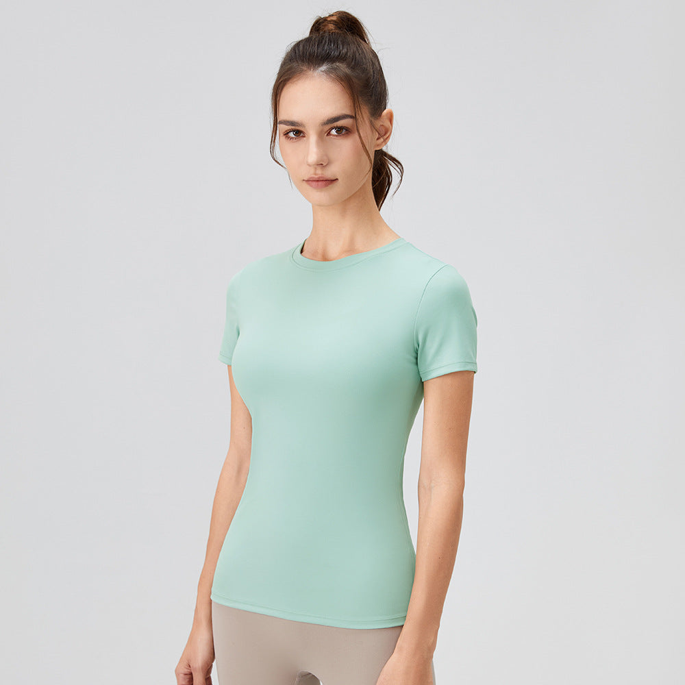 Ensfarvet Yoga Kortærmet Rundhalset Hurtigtørrende Løbe Trænings T-shirt Stram Trænings Yoga Tøj