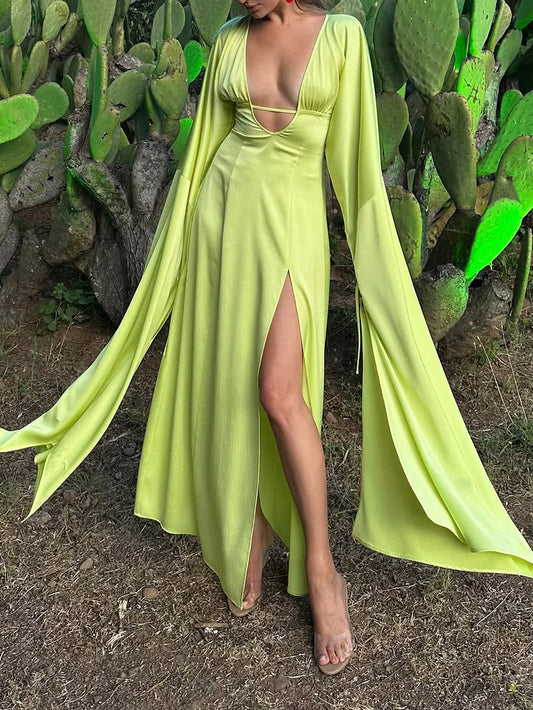 Neon Green Deep V Cutout Maxi Dress With Long Flowy Sleeves