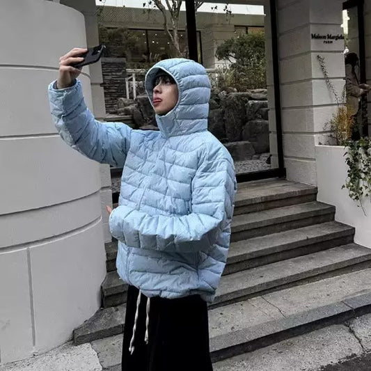 Simple Horizontal Bar Line Hooded Cotton Coat Jacket