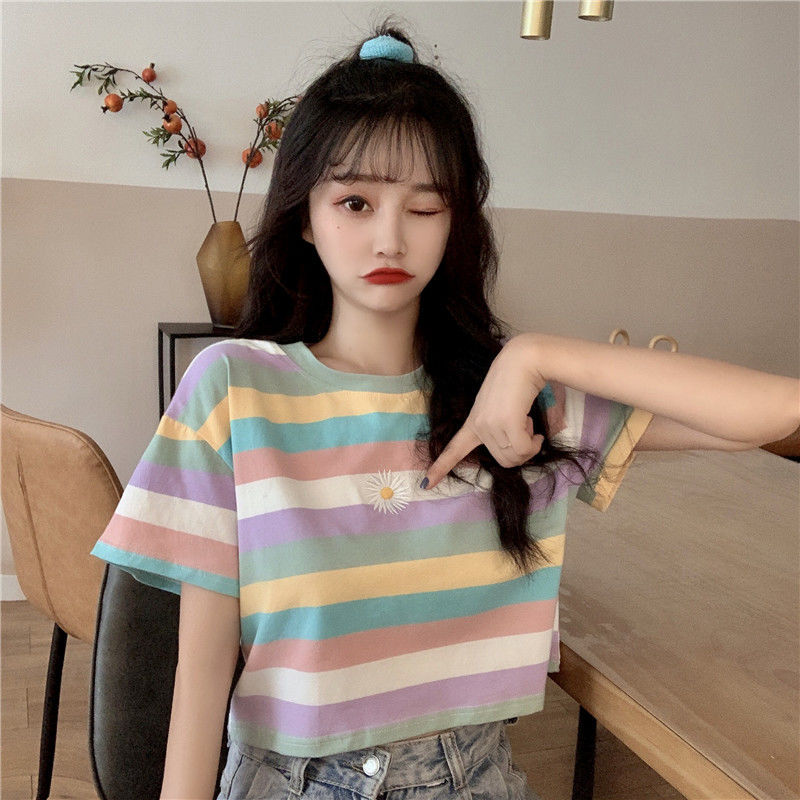 Colorful Stripe Short Sleeve Female Student Korean Loose Bf Spring Summer Top