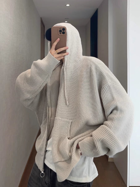 Light Gray Loose-Fit Hooded Zip-Up Sweater Jacket For Men