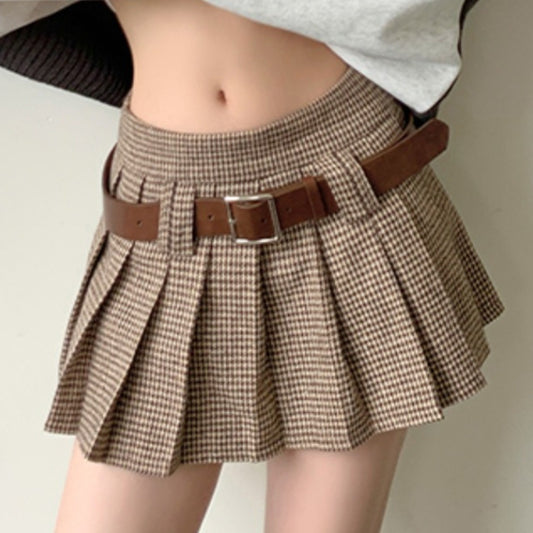 Retro College Houndstooth Pleated Skirt A- Line High Waist