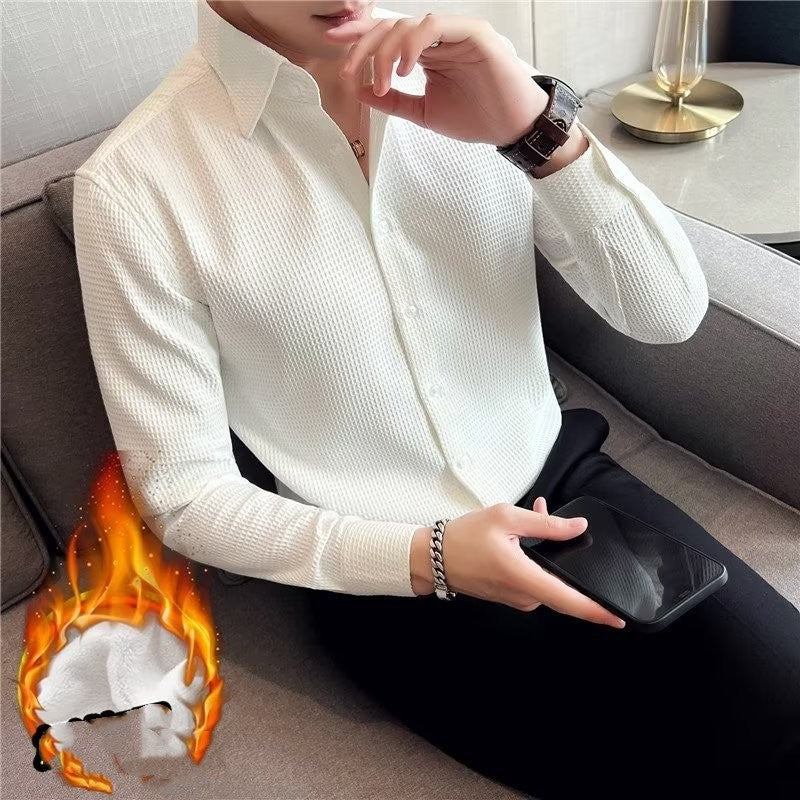 Ruffian Handsome V-neck Shirt Men's Long Sleeved Plush In Autumn And Winter