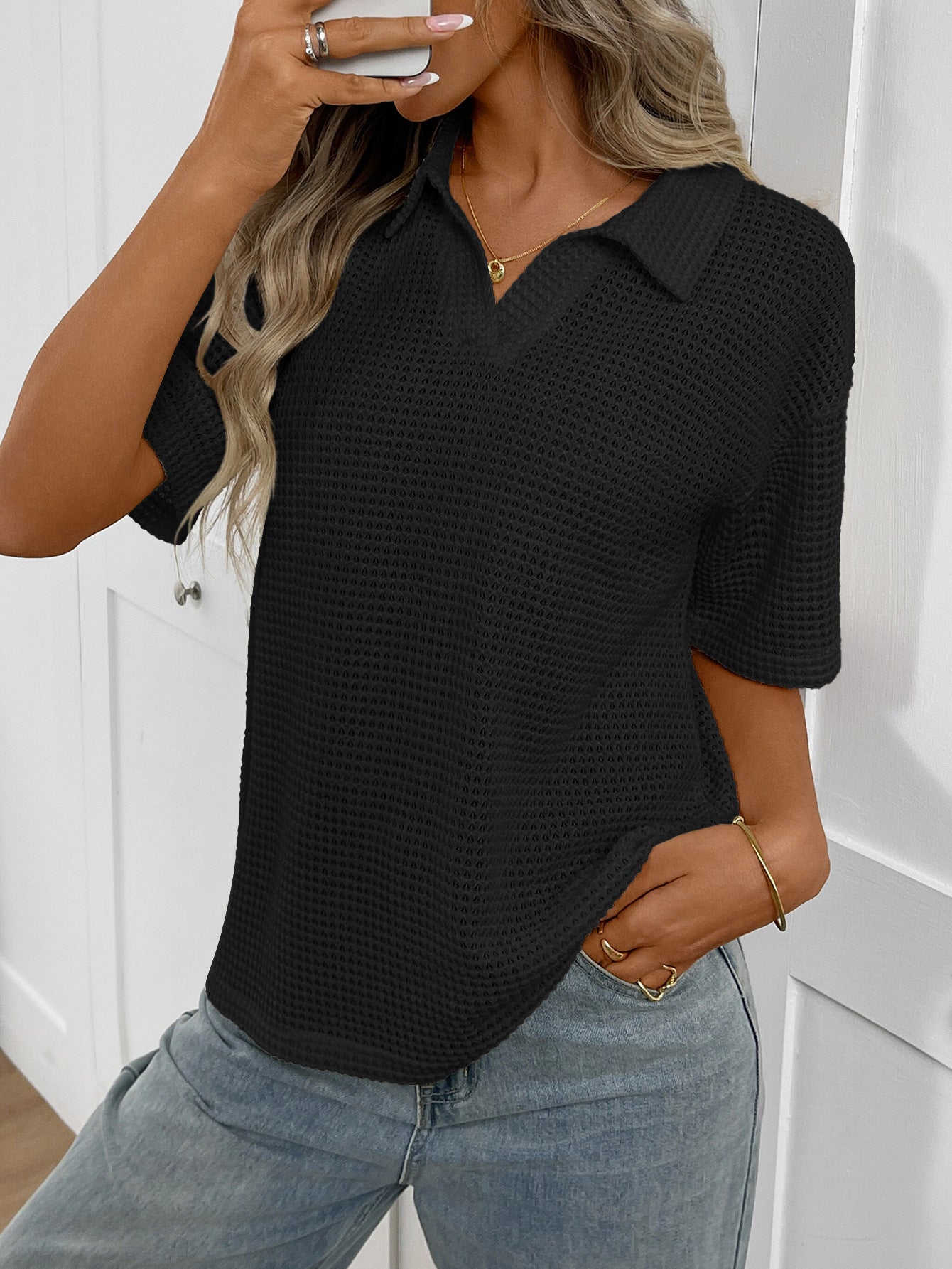 Women's Solid-Colored Knitted Pullover T-Shirt With Lapel Collar Loose-Fit Short Sleeves