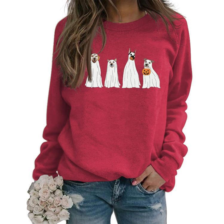 Halloween Ghost Puppy Printed Round Neck Long Sleeve Sweater