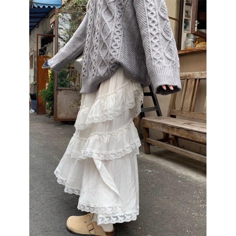 Sweet White Lace Stitching Skirt