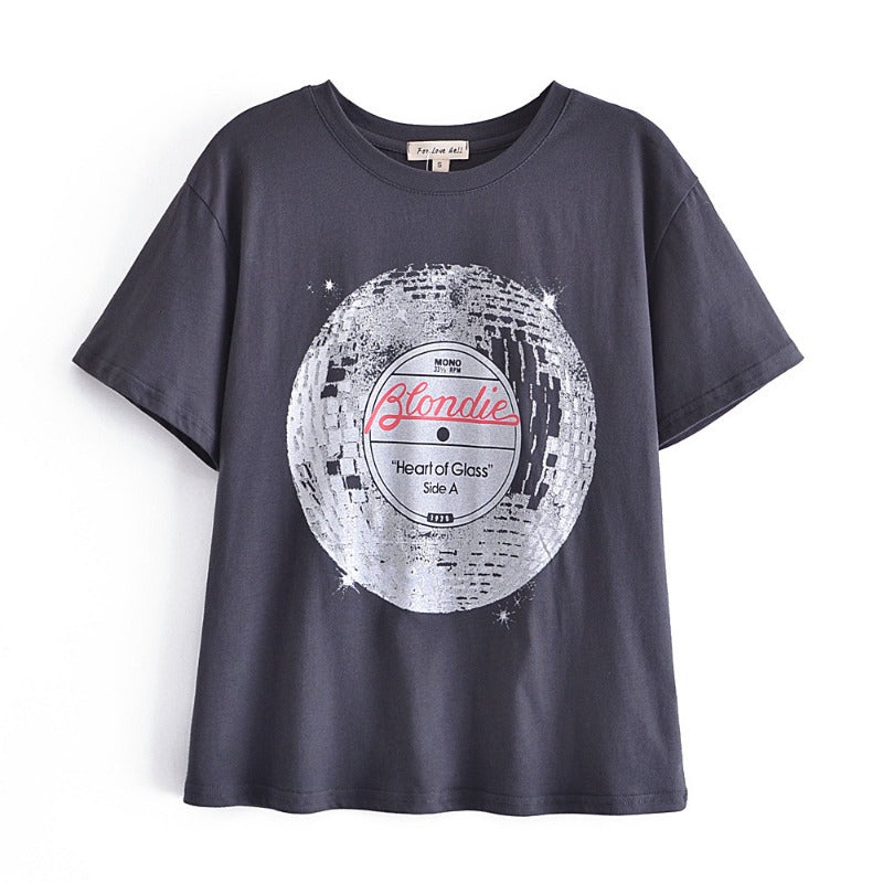 Women's Round Neck Loose Letter Circle Print Short Sleeves