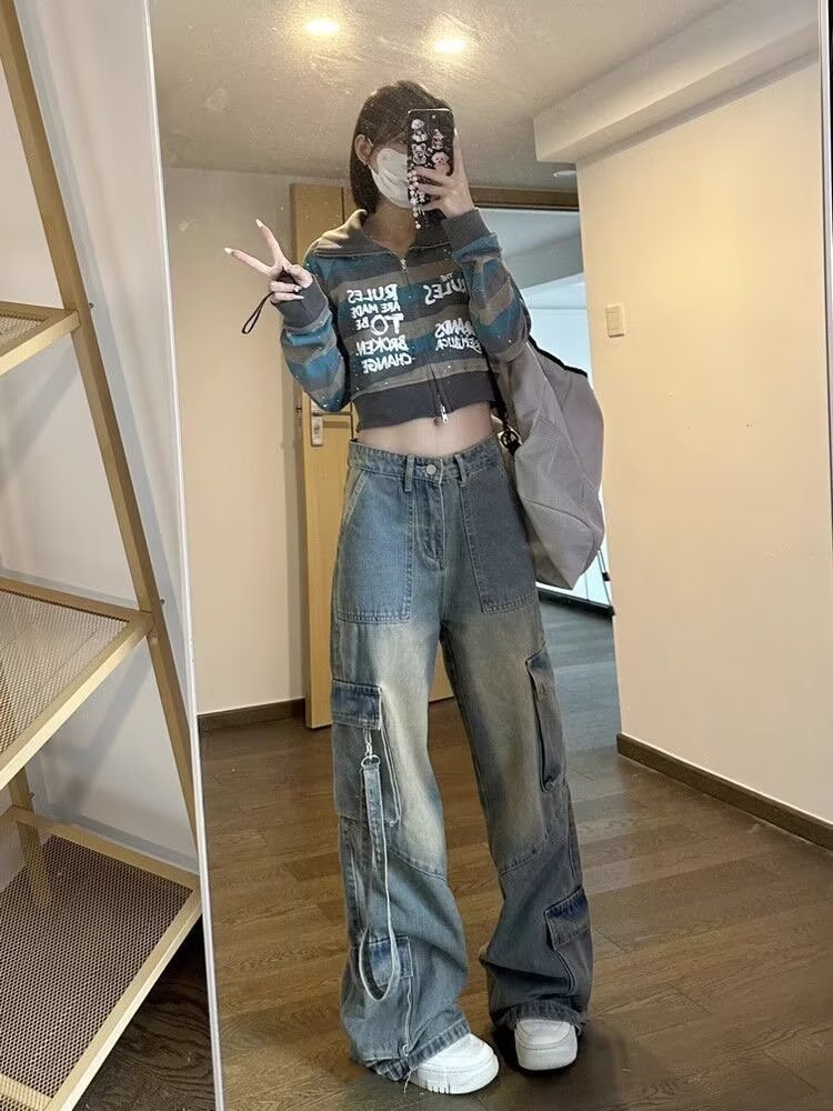 Female American High Street Vibe Hot Girl Cargo Jeans