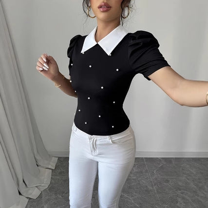 Womens Stylish Slim-fit Color-blocked Lapel Short-sleeve Top