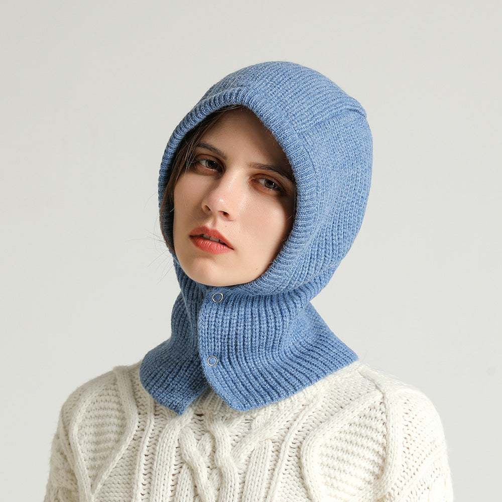 One Piece Warm Solid Button Wool Hat Neckband