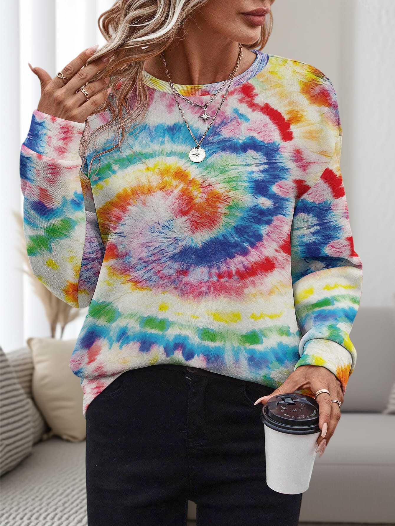 Dame 3D-printet rundhalset pullover, løs fritidstrøje