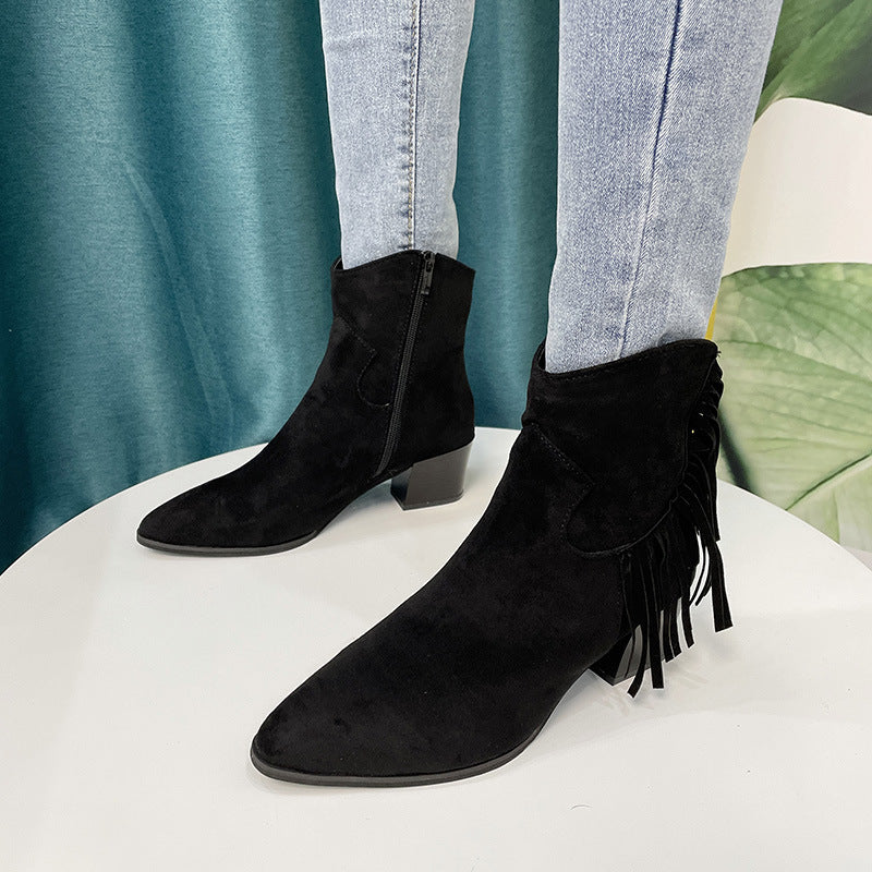 Pointed Chunky Heel Side Zip Short Boots