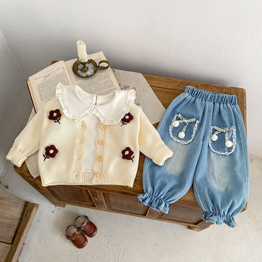 Baby Embroidered V-neck Knitted Cardigan Long-sleeved Sweater