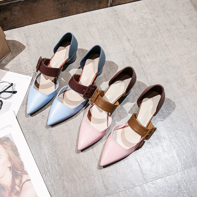 Casual Korean Fashion Square Buckle Colorblock High Heels Pointed Mary Jane Shoes