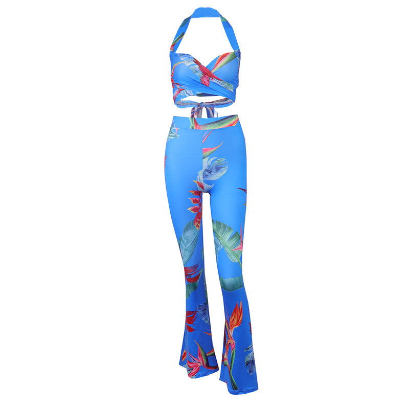 Fashion Printed Sleeveless Vest Flared High Waist Wide Leg Pants Suit