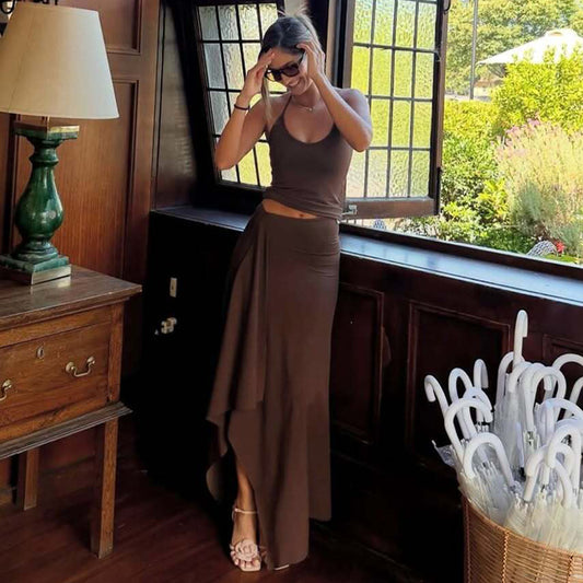 Neck-hanging Camisole And Irregular Solid-color Maxi Dress Two-piece Set For Women