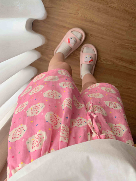 Søde pyjamasbukser med katteprint til kvinder i store størrelser, løse fritidsbukser