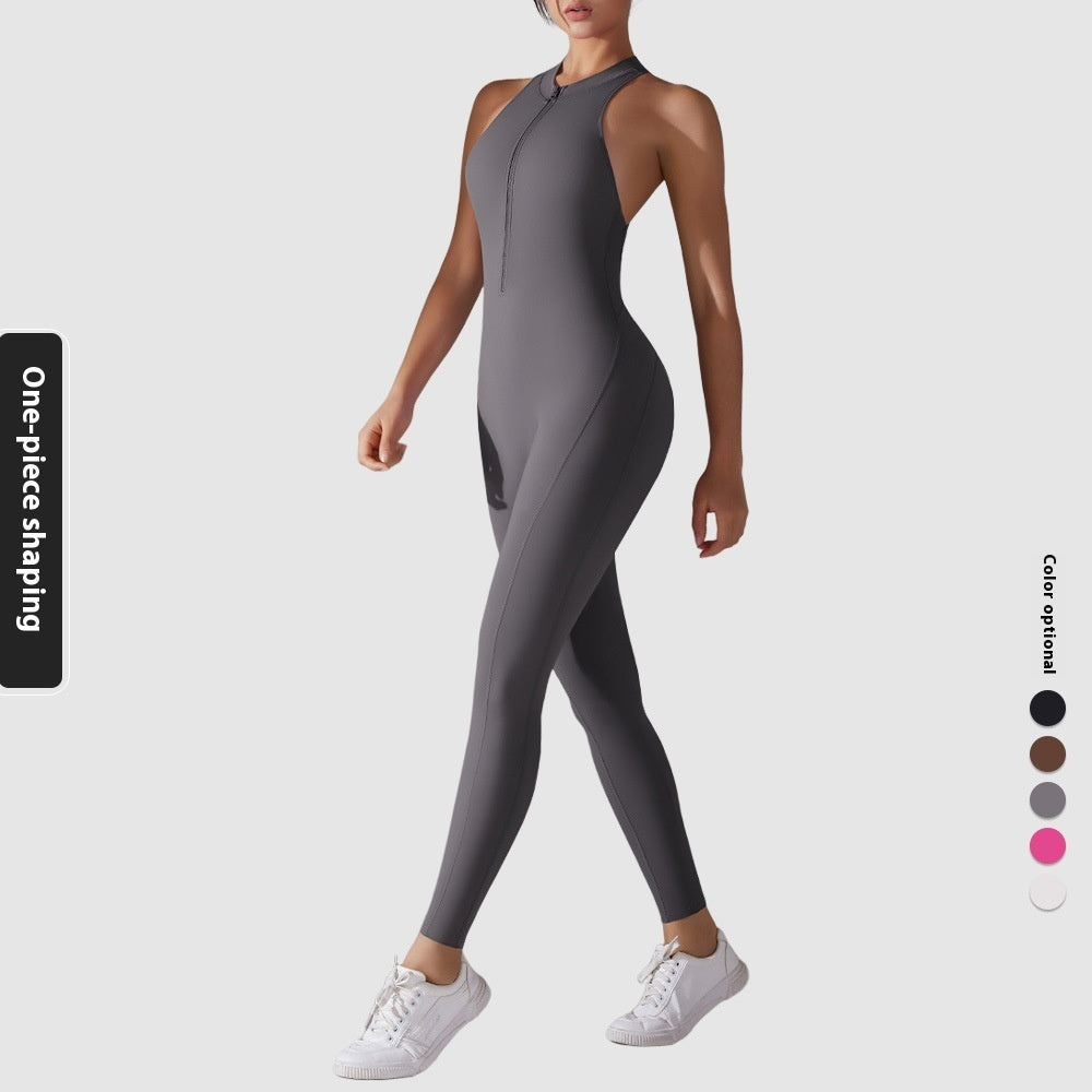 Solid Color Nude Feel High Strength Tight Sports Back Shaping Long Jumpsuit