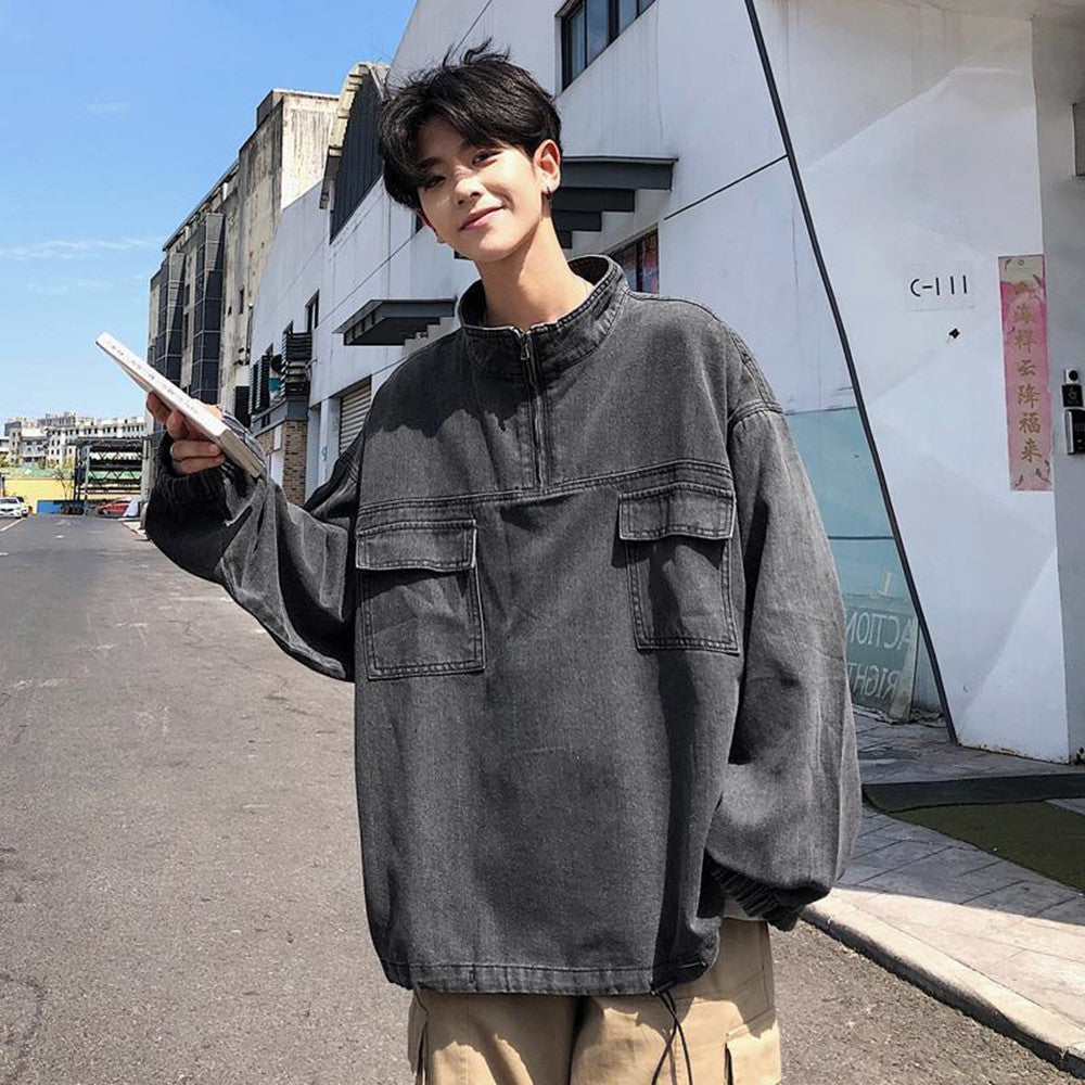 Stand Collar Jacket Men's Washed Denim Sweatshirt