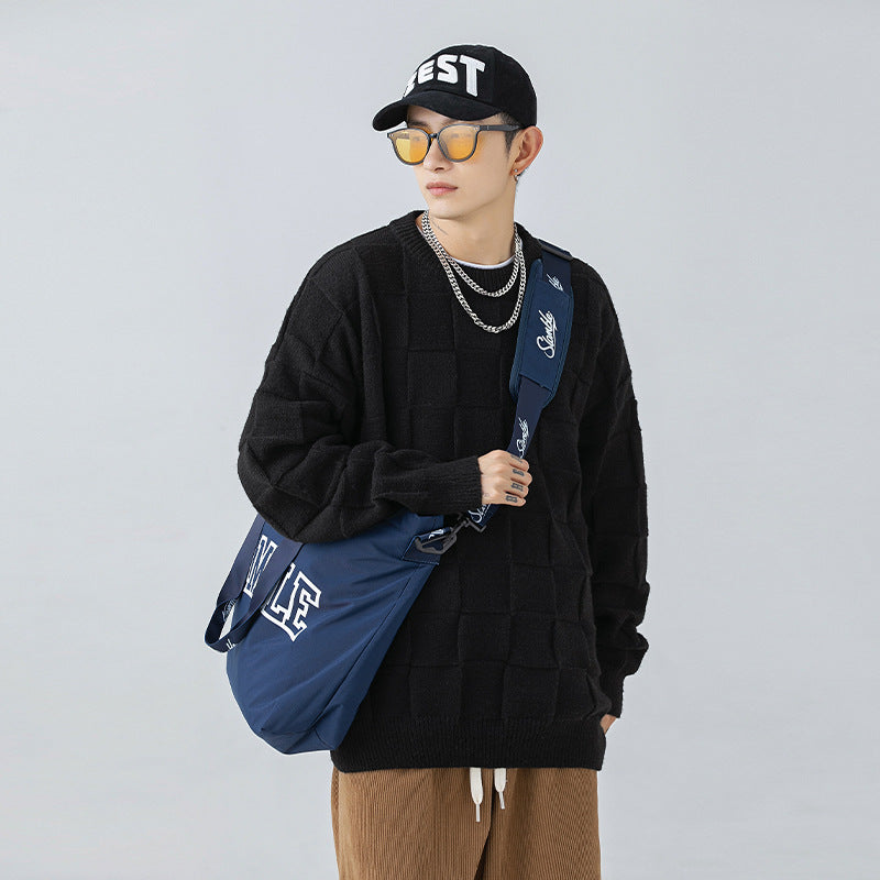 Men's Checkerboard Sweater 2 Versatile Crew Neck