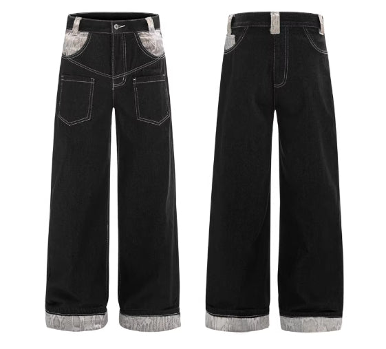 High Street Design Washed Straight Wide Leg Plush Stitching Multi-pocket Jeans