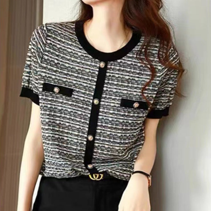 Ice Silk Knitted Top Classic Style Short-sleeved T-shirt Female Round Neck Fashion Loose Temperament Striped