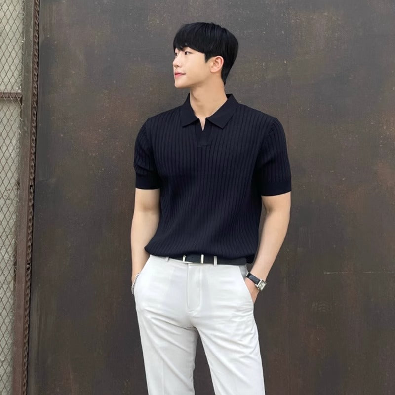Sommer striber kortærmet POLO Shan herre koreansk slim fit revers ensfarvet afslappet tynd halværmet trend strikket top