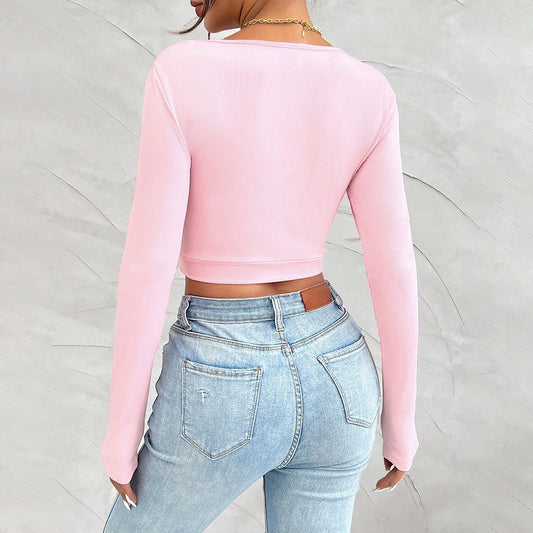 Best-selling Sweet And Spicy Pure Desire Style T-shirt Autumn And Winter U-neck Slim-fit Long-sleeved Top