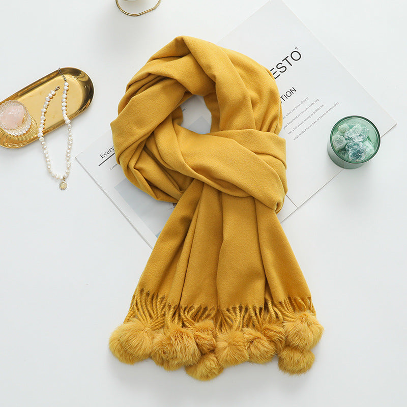 Versatile New-Style Womens Cape With Pompoms Cashmere And Wool Scarf