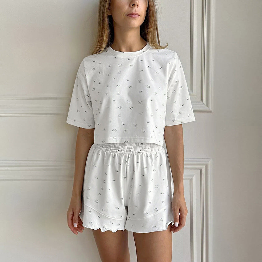 Printed Knitted Pajama Set From Europe And The US Top And Shorts