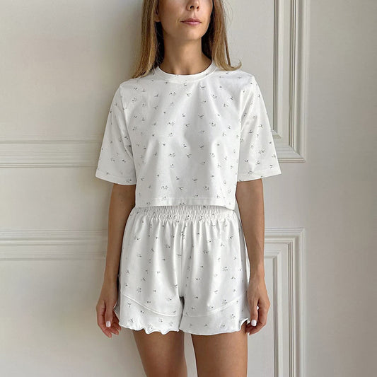 Printed Knitted Pajama Set From Europe And The US Top And Shorts