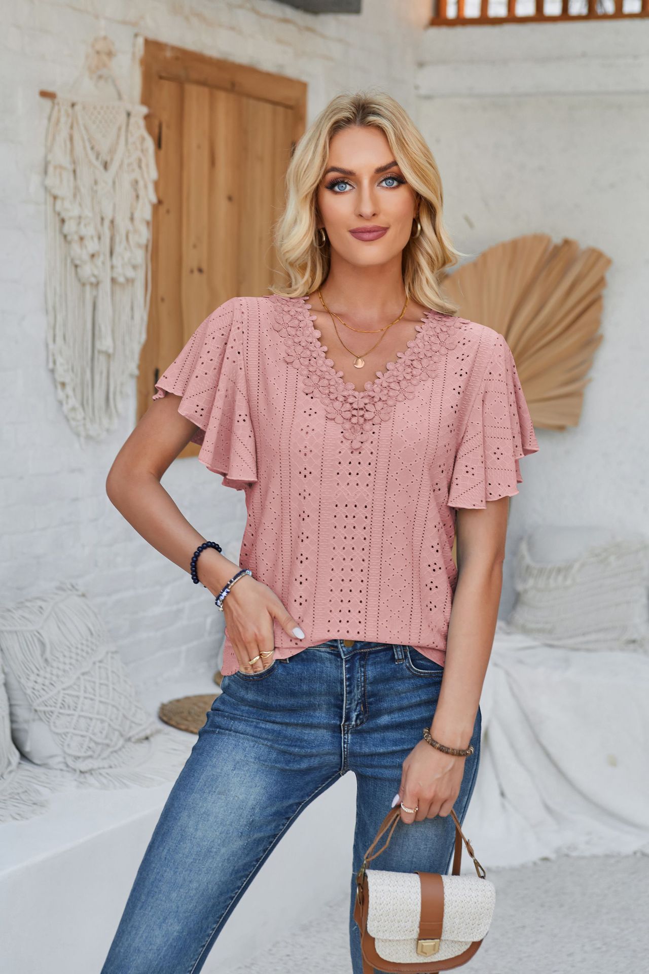 Women's Spring And Summer Lace Ruffle Sleeve Solid Color Loose Short Sleeve