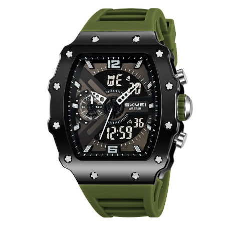 Multifunctional Mens Watch With Dual Displays Featuring A Stylish Barrel-shaped Case