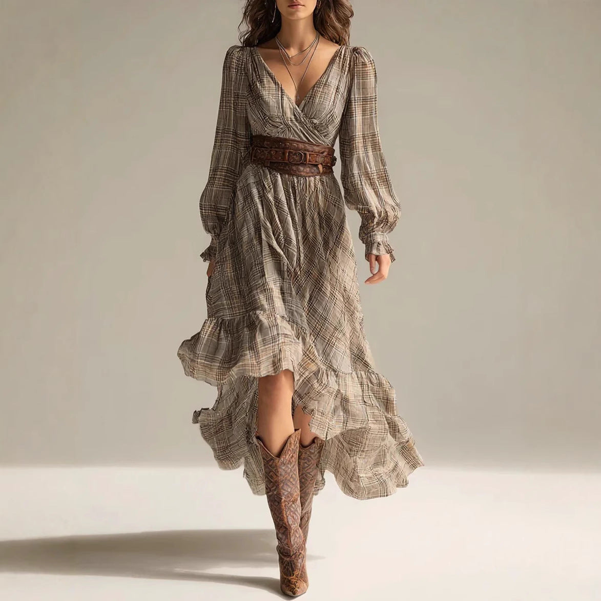 Plaid V-neck Long-sleeve Dress With Ruffled Hem