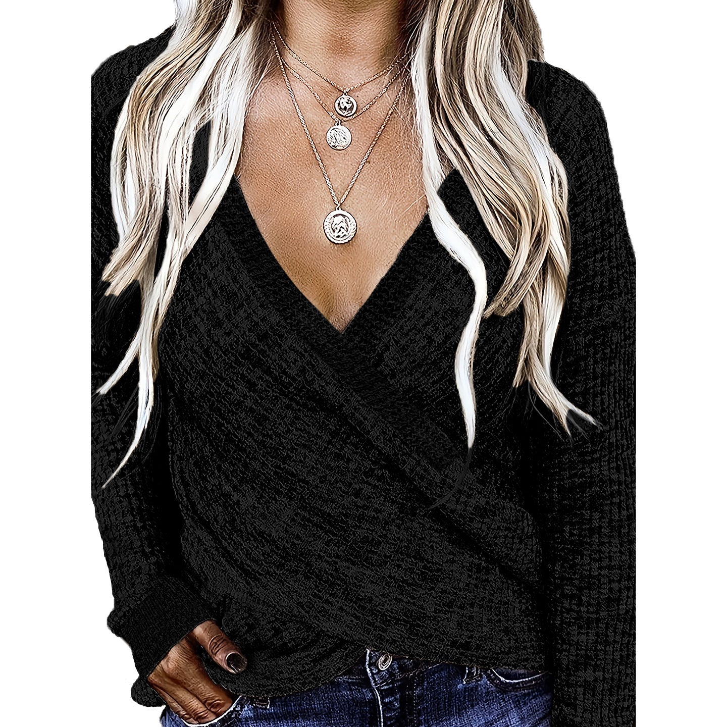 V-neck Cross-style Long-sleeved Woolen Pullover